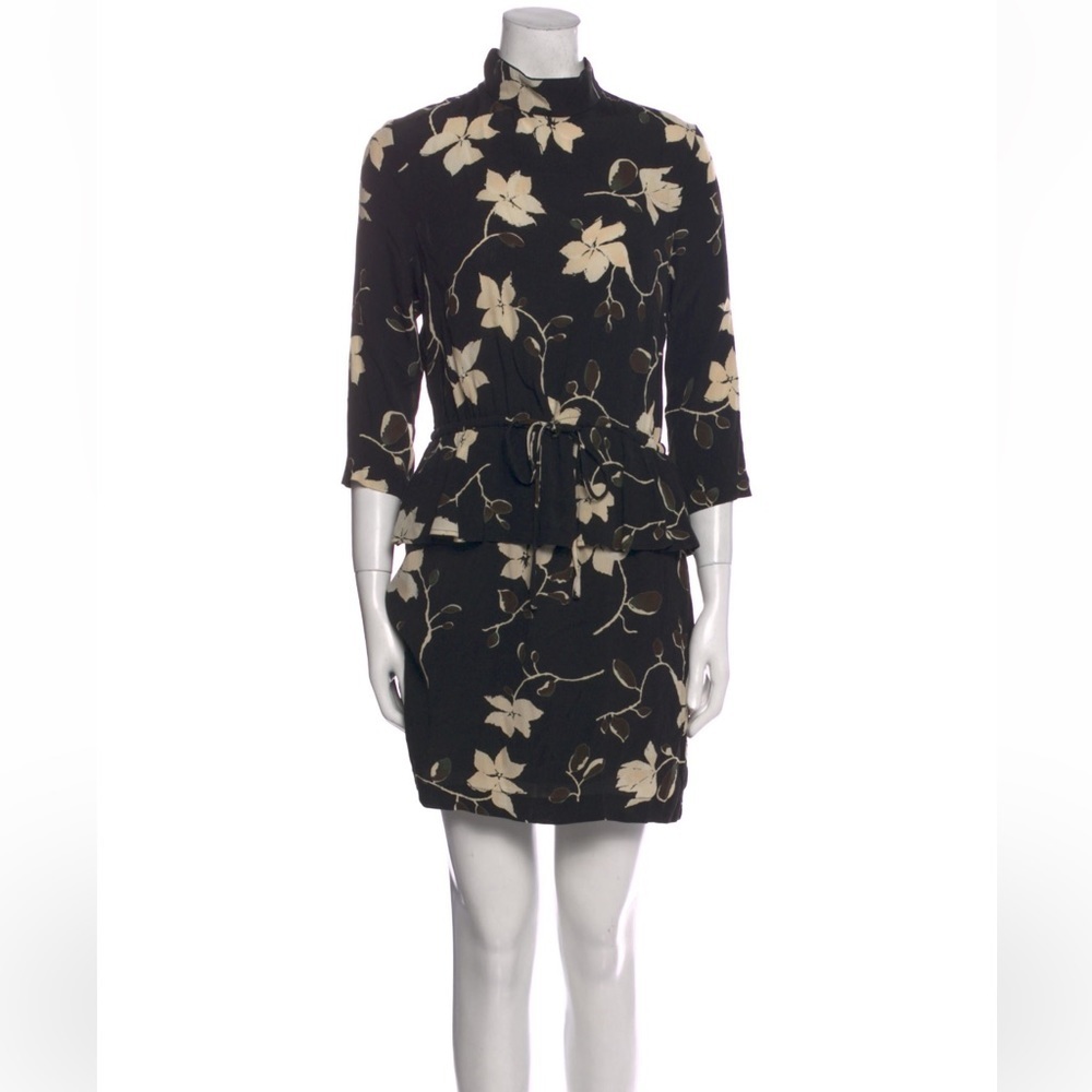 Ganni Long Sleeves Floral Print Mini Dress in Black & White Tie Waist